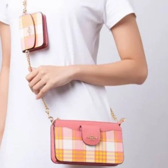 Coach Poppy Crossbody With Garden Plaid Print Gold/Taffy Multi - Picture 1 of 7